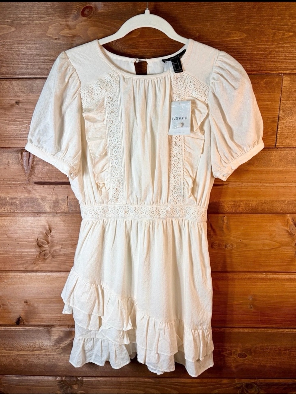 Forever 21 Cream Cottagecore Lace Ruffle Puff Sleeve Mini Dress Size Small 💕🌸